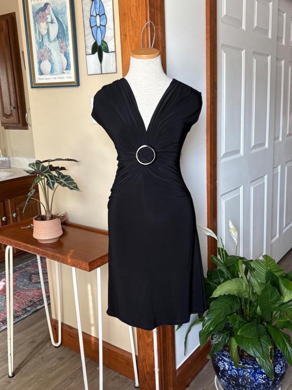 Vintage Alyn Paige Black Midi Dress with Silver Ring Detail